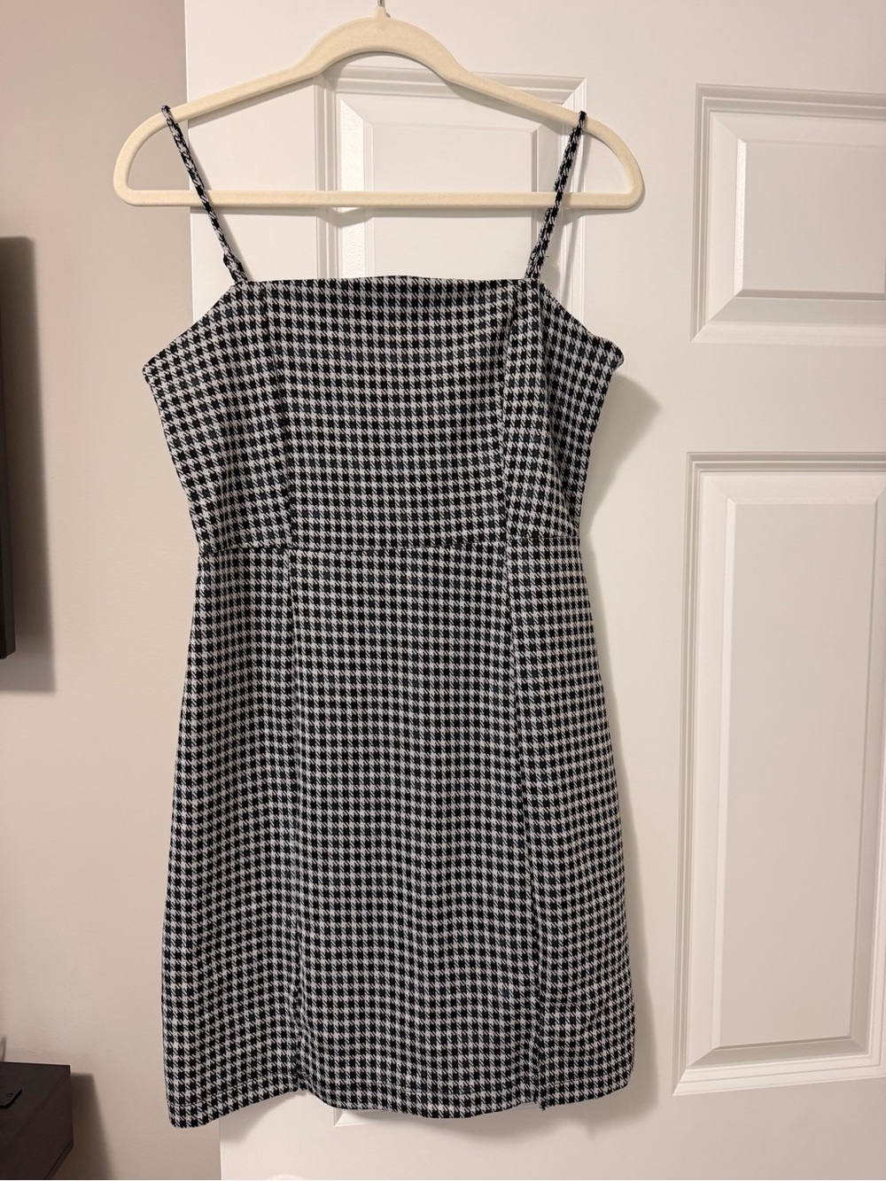Altar'd State Black and White Houndstooth Spaghetti-Strap Mini Dress